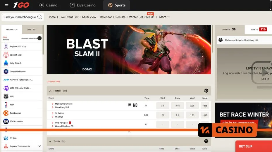 1Go Casino betting section with sports wagering, live odds, and market options