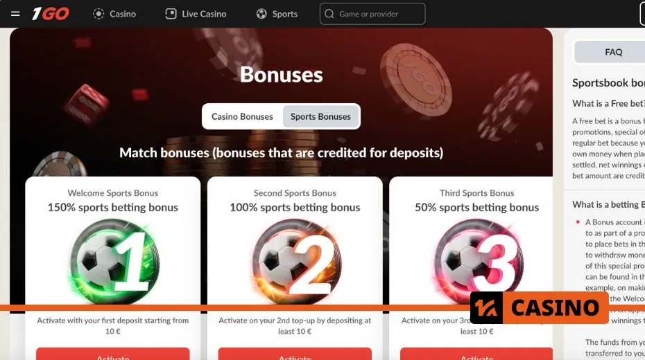 1Go Casino bonuses for new players, regular users, and VIP members