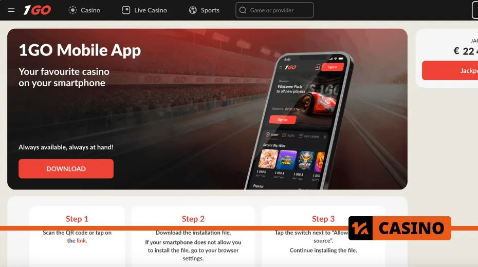 1Go Casino mobile apps for iOS and Android with access to games and bonuses