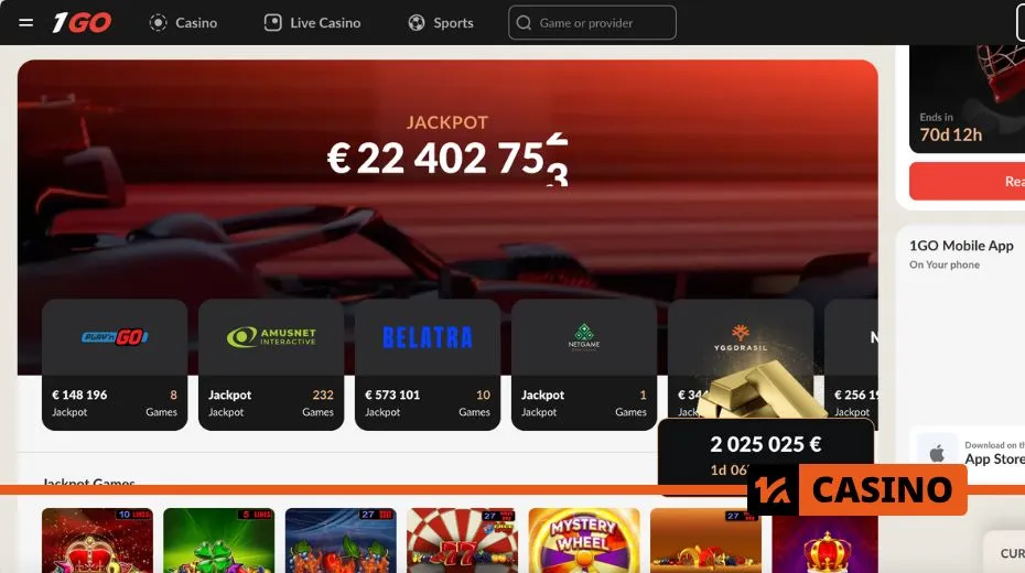 1Go Casino website with gaming categories, promotions, and user-friendly navigation