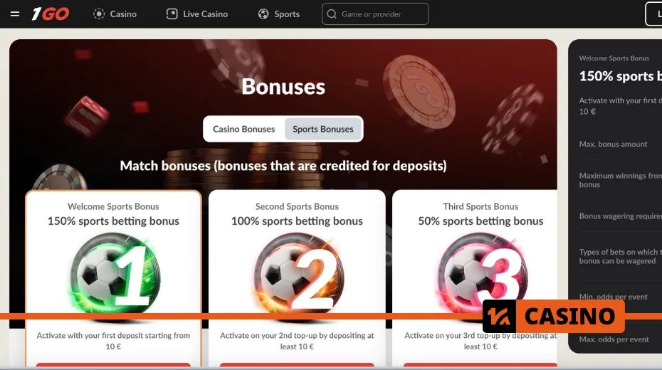 1Go Casino promo code bonuses including free spins, cashback, and extra funds