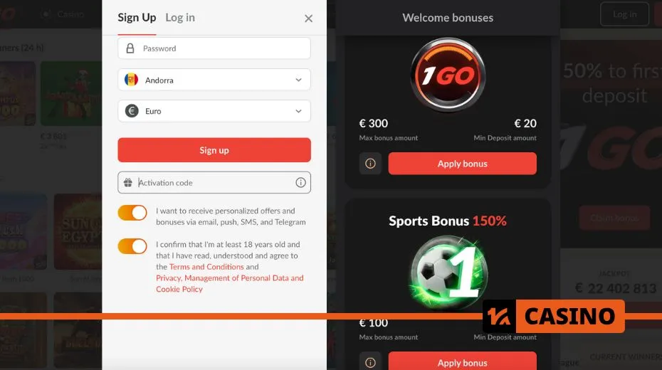 1Go Casino registration process with account setup and verification steps