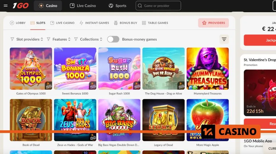 1Go Casino slots with various themes, bonus features, and jackpot options