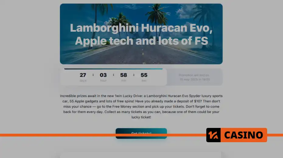 1win Lucky Drive prizes: Lamborghini, Apple devices, and free spins for active users