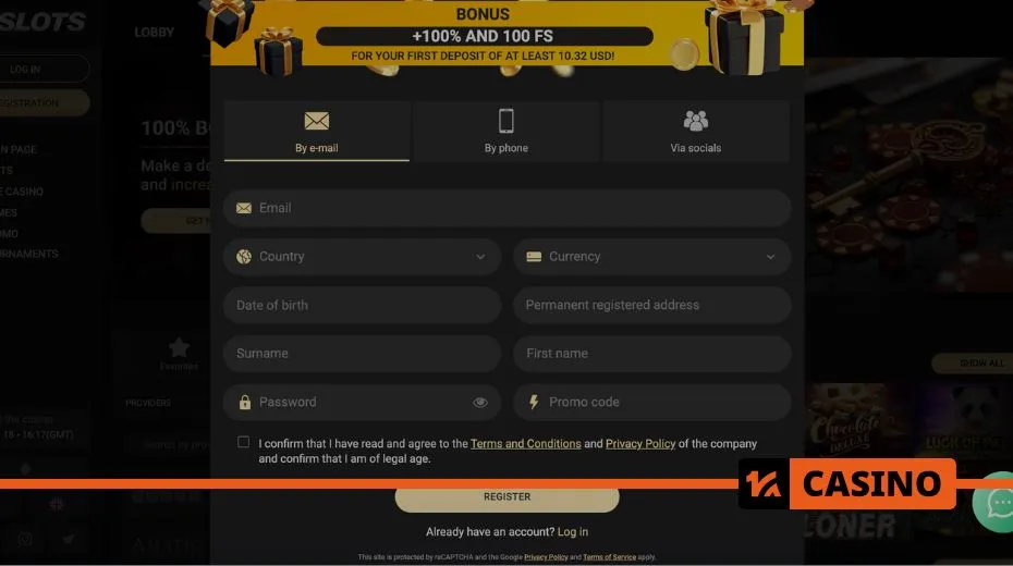 Регистрация на 1xslots с использованием электронной почты, номера телефона или аккаунтов в социальных сетях