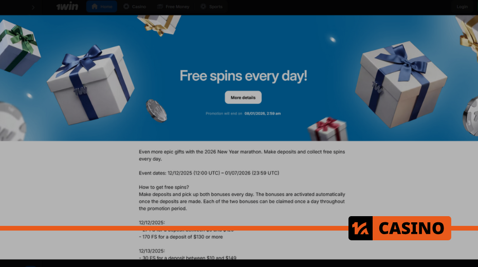 2026 New Year marathon in 1win: how to get daily free spins