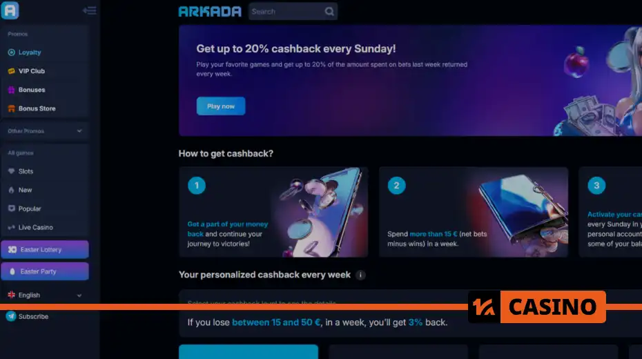 Arkada casino cashback – what percentage can be received depending on the loss amount