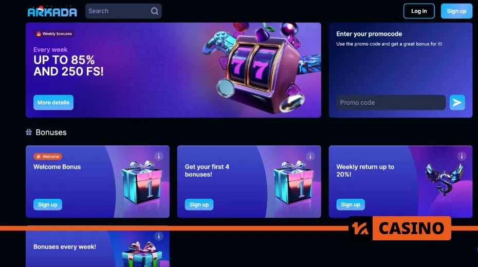 Arkada casino promo code welcome bonuses including a 150% and 2000 free spins