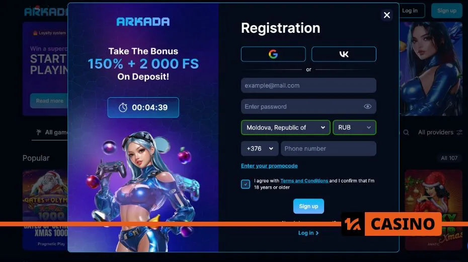 Arkada casino registration enabling new users to join the platform