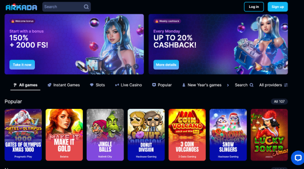 Arkada casino website allowing players to manage accounts and access games