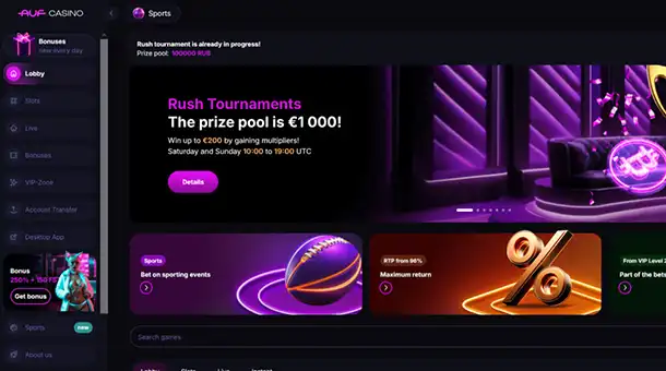 Auf casino official website how to play: interface, access to slots, and site navigation
