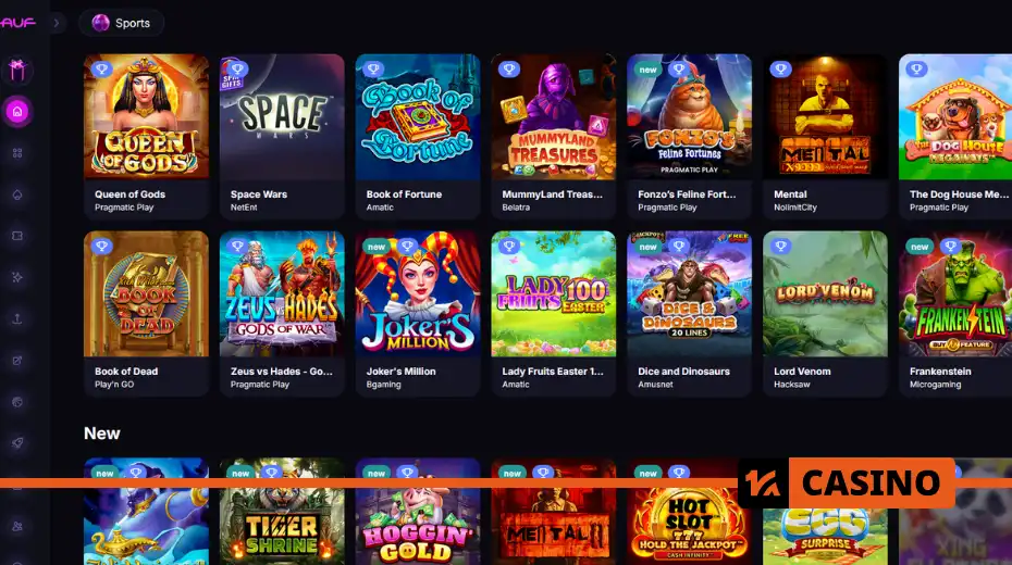 Auf casino homepage: promo banners, menu, and game category access