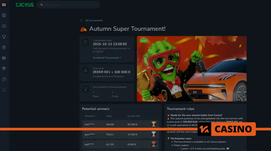 Autumn Super Tournament at Cactus casino leaderboard and participants Autumn Super Tournament at Cactus casino leaderboard and participants