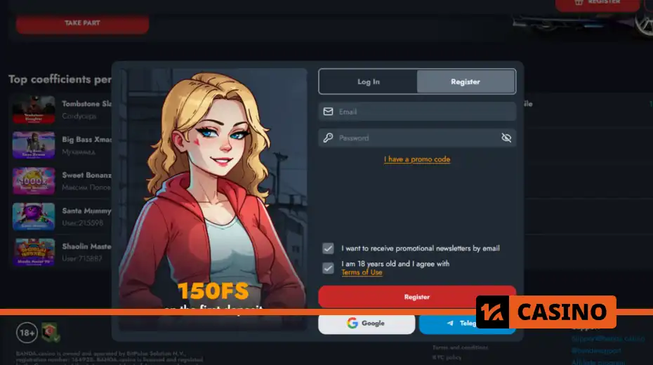 Banda casino account registration – step-by-step account creation via email, Telegram, or Google, including activation of promo code 1ACASINO