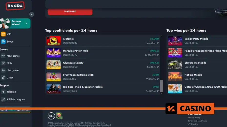 Banda casino homepage – layout of the start screen: registration buttons, game menu, available promotions, and ongoing tournaments