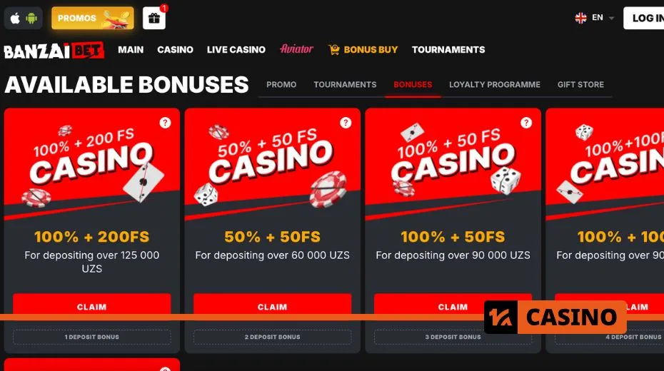 Banzai Bet promo code bonuses including cashback, reload offers, and extra spins