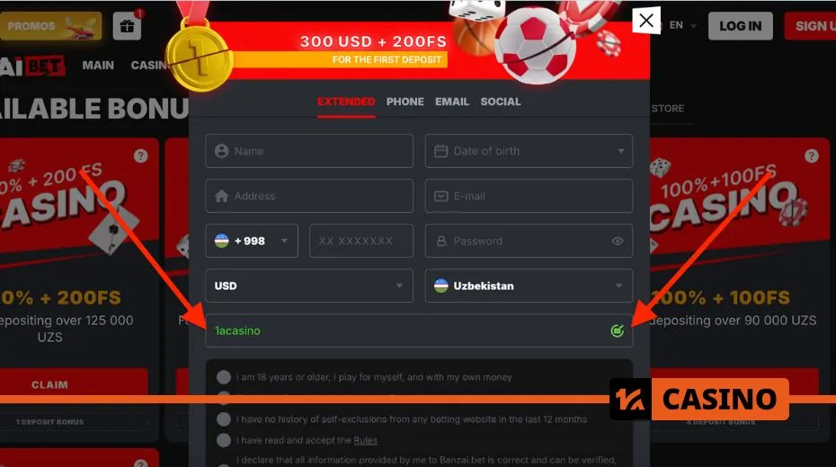 Banzai Bet promo code registration process with step-by-step activation instructions