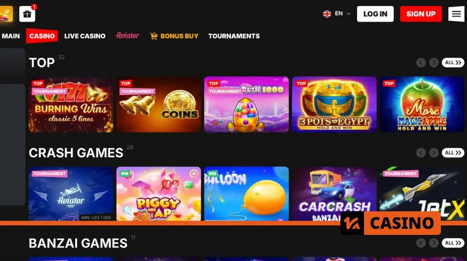 Banzai Bet slots collection featuring classic reels, video slots, and progressive jackpots