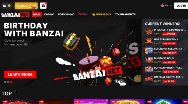 Banzai Bet official website with secure login, game selection, and promotions