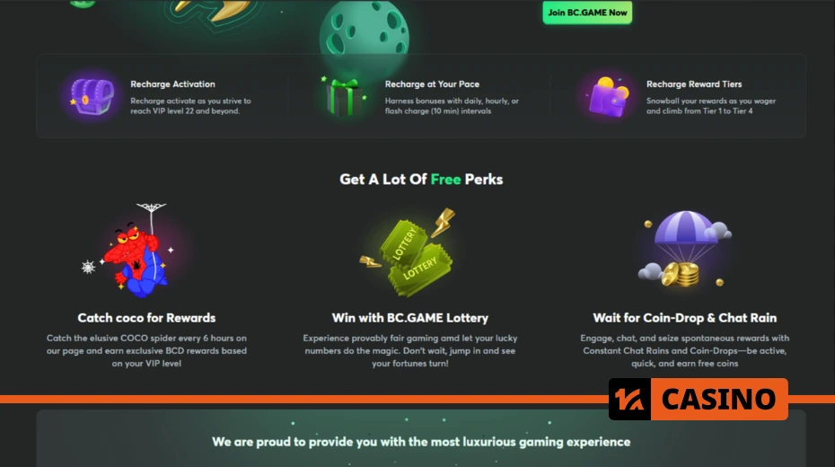 BC Game promotions offer deposit bonuses, free spins, free bets, and tournament participation