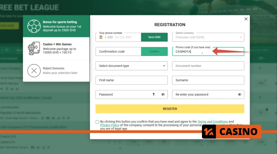 Betwinner promo code during registration is entered into a special field to activate the bonus right after creating an account