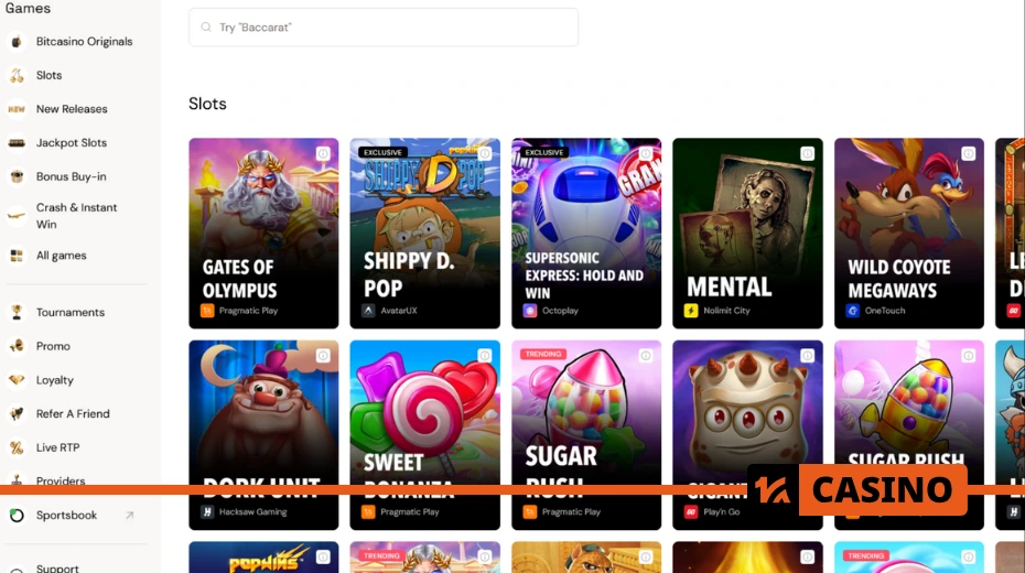 Bitcasino interface and navigation — how the menu is structured, game search, and category switching