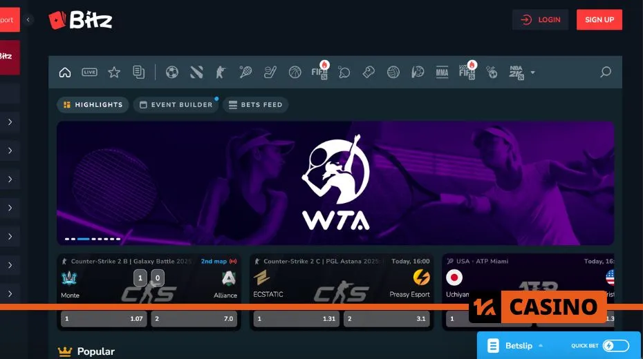 Bitz Casino betting section with sports markets, live odds, and multiple wagering opportunities