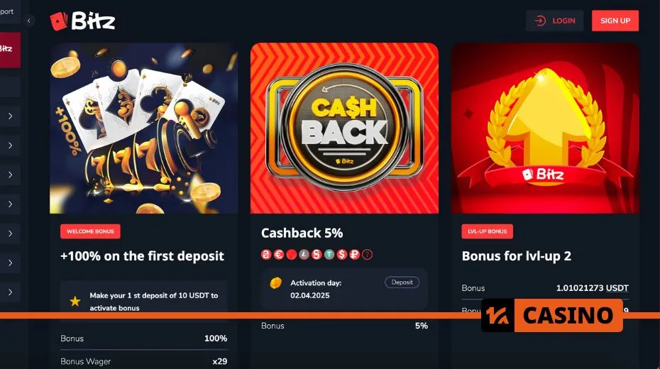 Bitz Casino bonuses featuring welcome offers, free spins, cashback, and VIP rewards