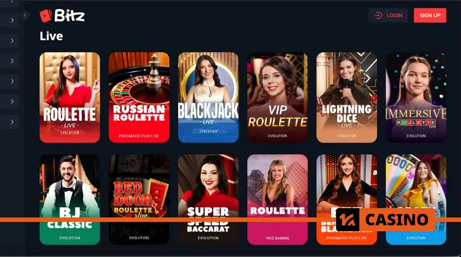 Bitz Casino live casino with real dealers, interactive gameplay, and various table game options