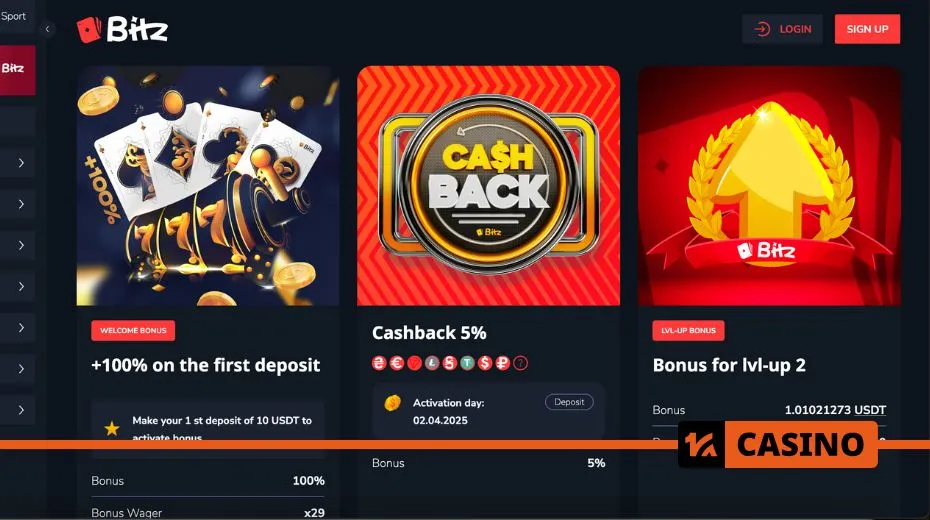 Bitz Casino promo code bonuses featuring deposit matches, extra spins, and promotional deals