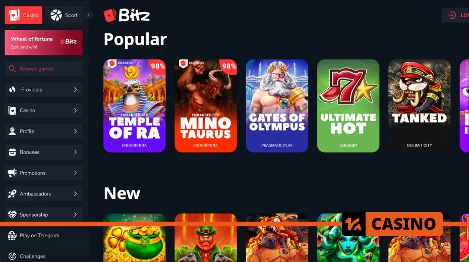 Bitz Casino slots collection including classic reels, video slots, and progressive jackpot games