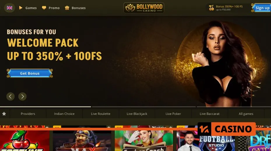 Bollywood Casino website featuring intuitive navigation, gaming categories, and bonus offers