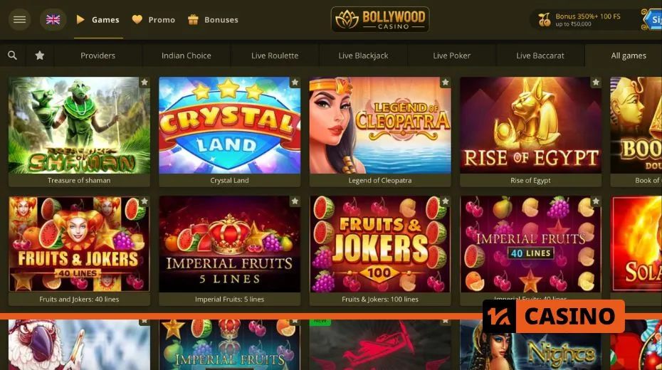 Bollywood Casino slots collection including classic reels, video slots, and progressive jackpots