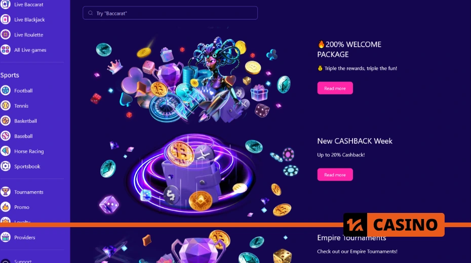 Bonuses and promotions at Empire, including a 200% first deposit bonus, weekly cashback, and free spins from providers