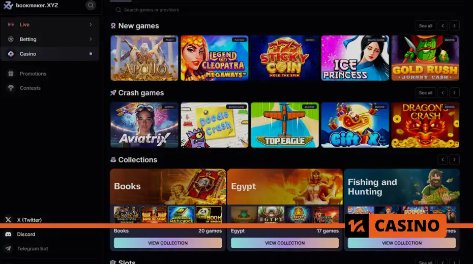 Bookmaker XYZ casino section – interface with slot collections and crash games