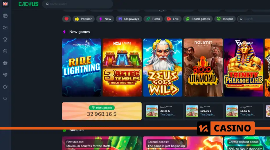 Cactus casino homepage with promo banners, registration button, and instant access to all game categories