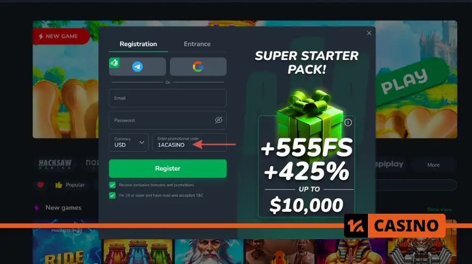 How to activate the Cactus casino promo code during registration: enter 1ACASINO in the special field before submitting your account form