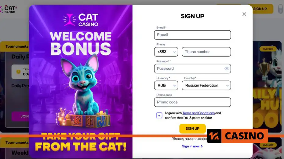 Registration at Cat Casino - a quick account creation process with bonuses for new players