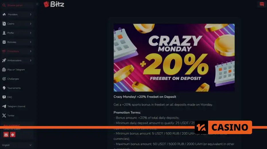 Crazy Monday at Bitz casino how to participate and get a free bet