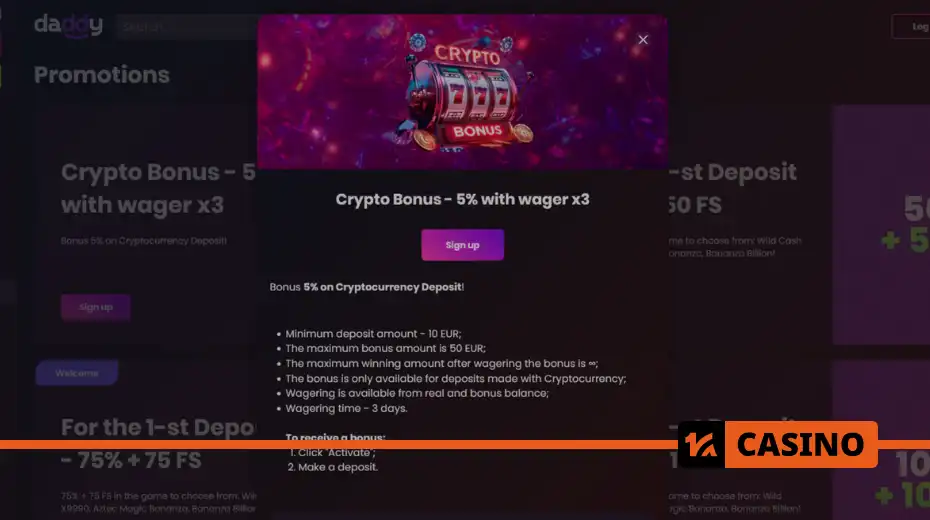 Crypto Bonus at Daddy casino with wagering in popular slots