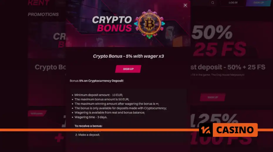 Crypto bonus at Kent casino how to get: activate the promo manually and deposit from 10 EUR in digital currency