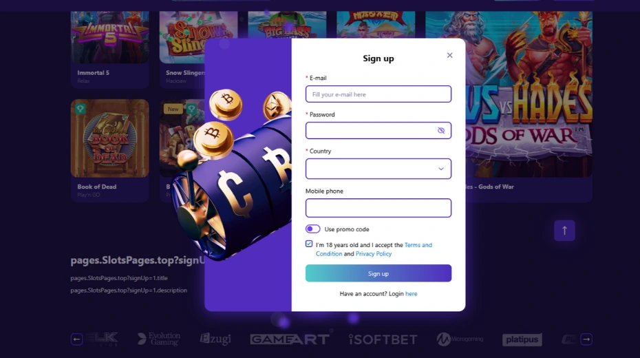 Cryptoboss registration is completed through a simple form with email, password, and country, with no verification required at the start and a promo code field available