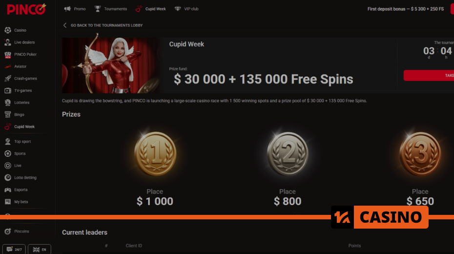 Prizes in Cupid’s Week at Pinco casino