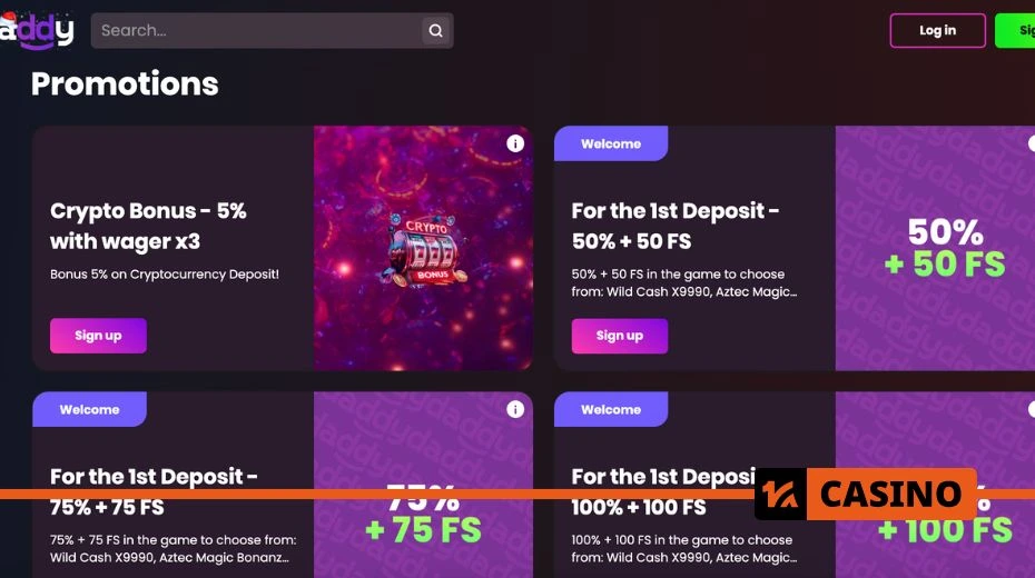 Daddy casino bonuses available for different player categories and deposit levels