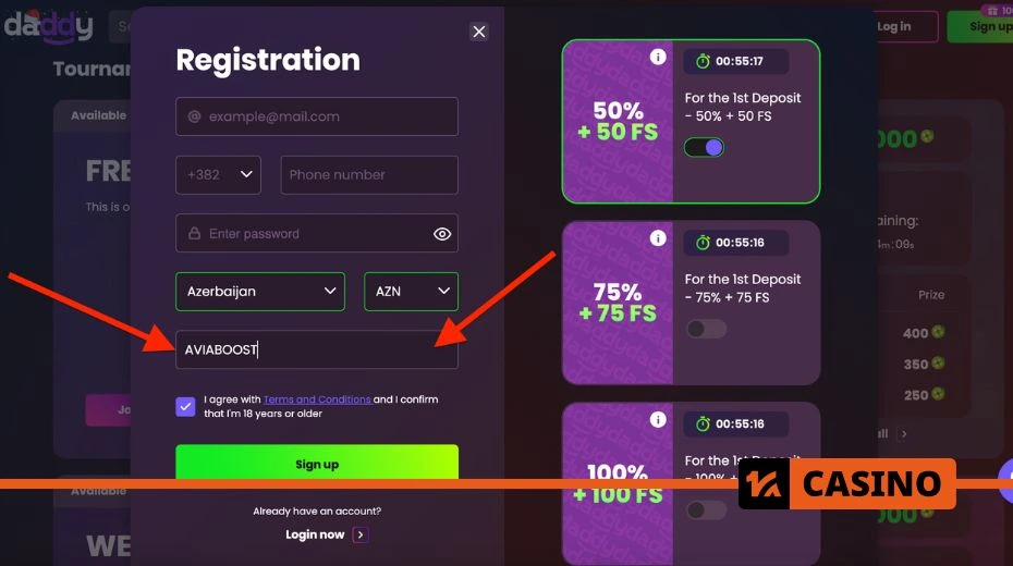Daddy casino promo code registration process for activating account bonuses