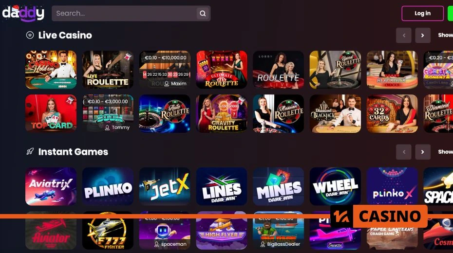 Daddy casino website providing access to games and account management features