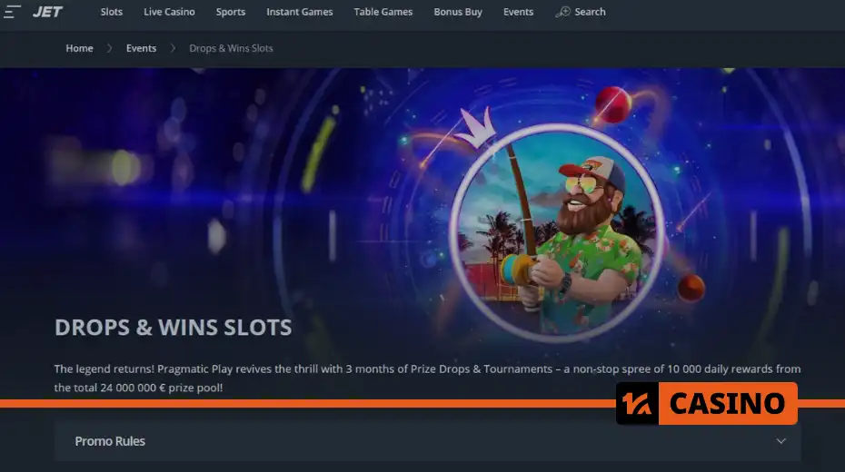 Drops & Wins Slots в Jet casino – акция для игроков, которые хотят получать дополнительные призы за обычную игру