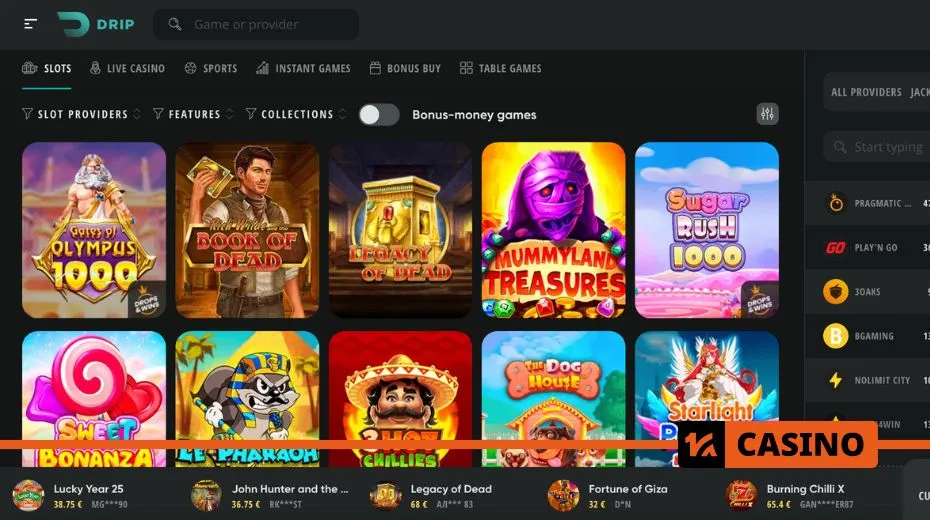 Drip Casino slots collection with classic reels, video slots, and progressive jackpots
