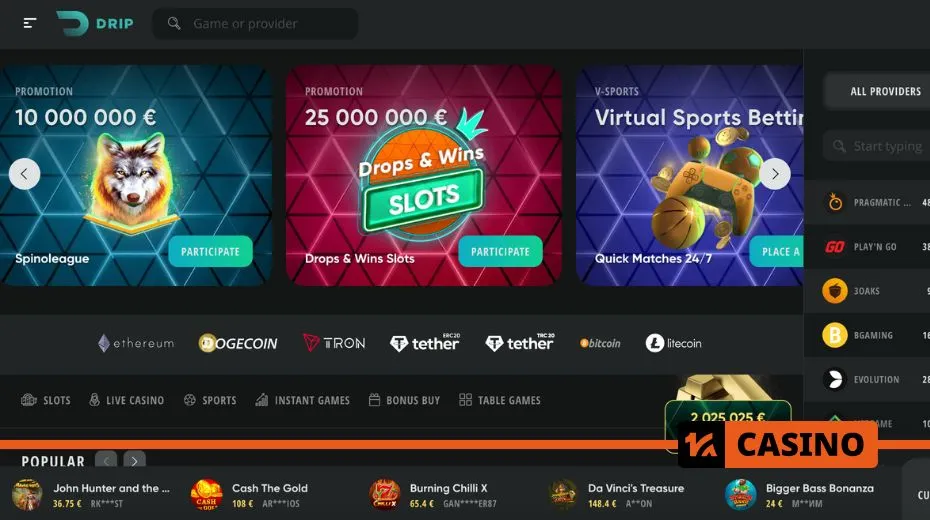 Drip Casino official website featuring account login, registration, and bonus offers