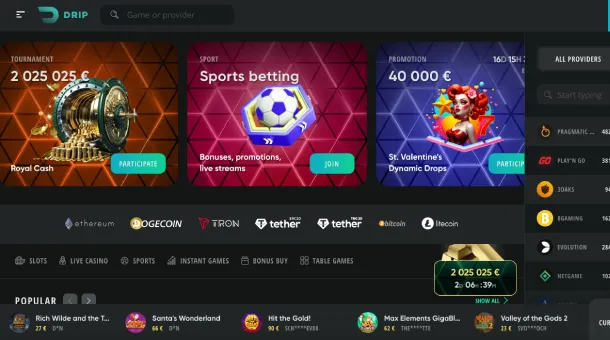 Drip Casino website with gaming categories, promotions, and secure payment options